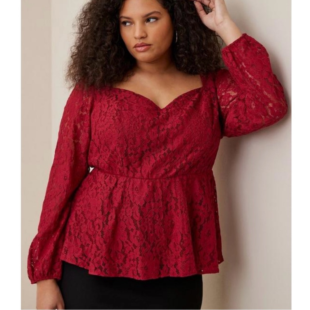NWT Torrid Red‎ Lace Peplum Long Puff Sleeve Top 4X